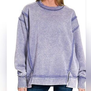 Zenana Acid Wash Exposed-seam Fleece Sweatshirt Purple Size Small